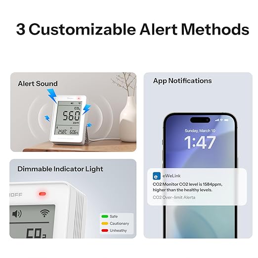 SONOFF AirGuard CO2, Smart Indoor Air Quality Monitor, Matter Compatible, 2.4GHz WiFi, Carbon Dioxide Detector for CO2/Temp/Humidity, Real-Time Display & Alarm, for Bedroom, Nusery Room - Image 5