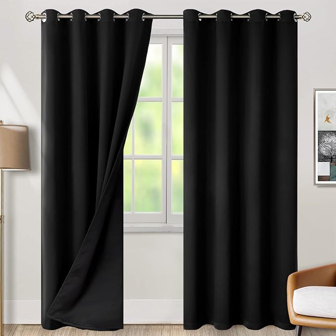 BGment Thermal Insulated 100% Blackout Curtains for Bedroom with Black Liner, Double Layer Full Room Darkening Noise Reducing Grommet Curtain (52 x 84 Inch, Black, 2 Panels) by BGment