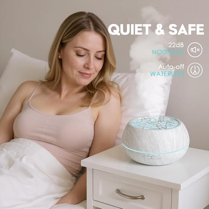 550ml Large Capacity Essential Oil Diffuser 6 Essentil Oil Set Aromatherapy Ultrasonic Air Humidifier with Timer and 7 Color LED Night Light Remote Control Waterless Auto-Off White Wood Grain - Image 5