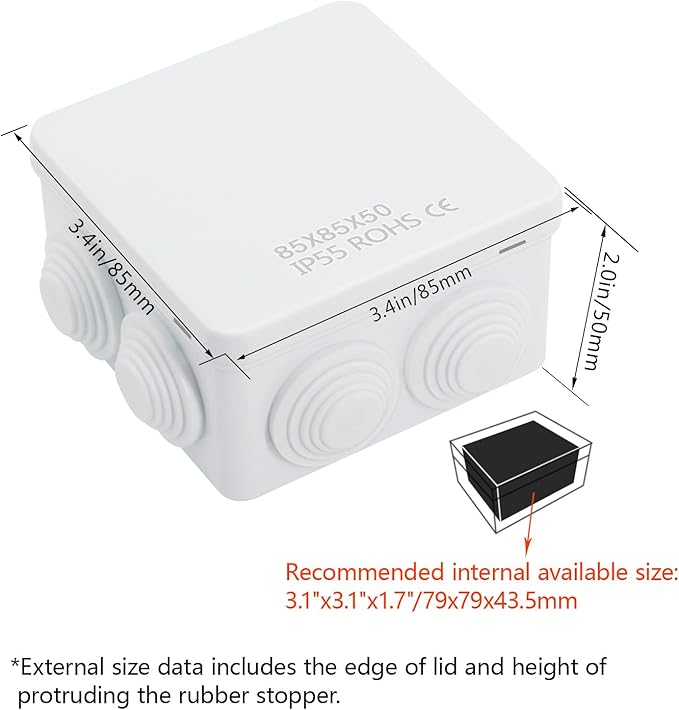 LeMotech ABS Plastic Dustproof Water Resistant IP55 Junction Box Universal Electrical Project Enclosure White 3.4 x 3.4 x 2 inch (85 x 85 x 50 mm) - Image 2