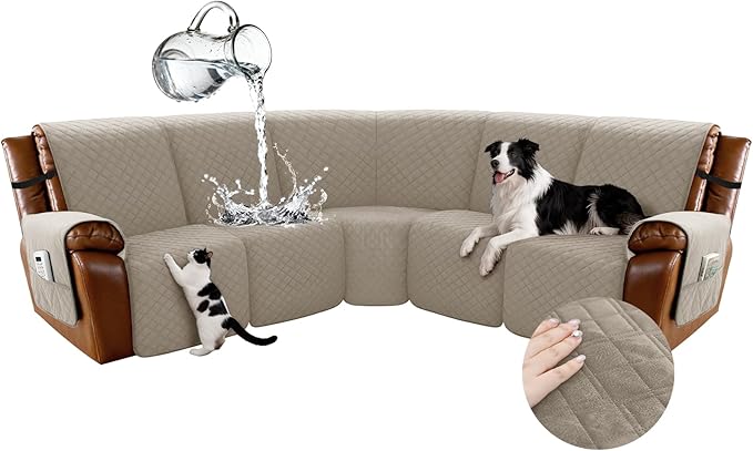Arfntevss Waterproof Recliner Sectional Couch Covers for Reclining Sectional L Shape Sofa Cover Non Slip Washable Recliner L Shaped Slipcover Sets for Dog Furniture Protector (5 Seater, Light Khaki) by Arfntevss