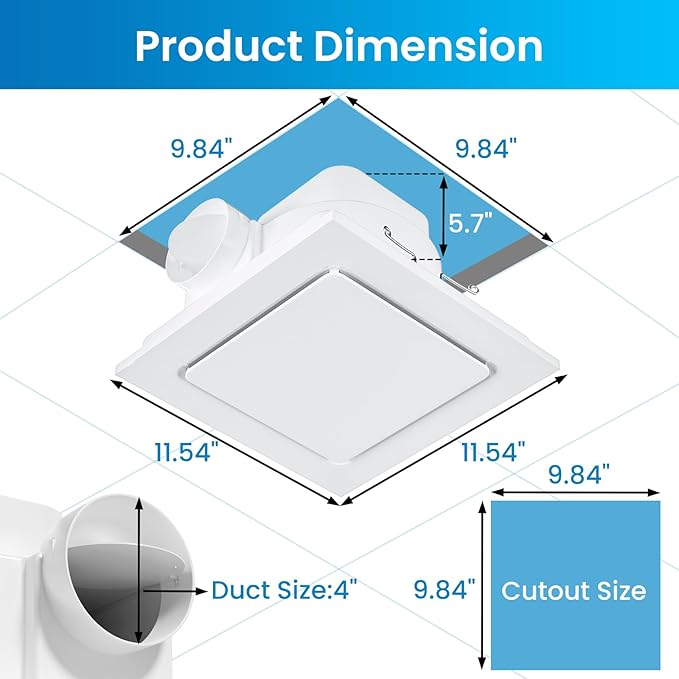 Hon&Guan Bathroom Exhaust Fan, Quiet Square Bathroom Vent Fan 111 CFM, 1.0 Sones, Ceiling Mount Ventilation Fan, Bath Ceiling Fans, Exhaust Fan for Home Bath Hotel - Image 2