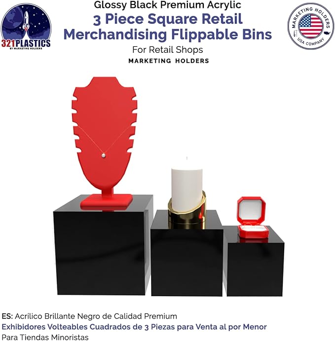 4 Pack Acrylic Display Riser Boxes 3 Piece No Lid Black Retail Product Riser 4", 5", 6" High Multi Level One Open Side Merchandise Storage Box POP Showcase by Marketing Holders - Image 3