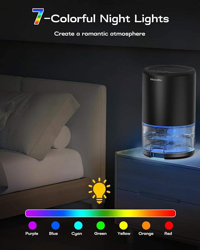 Dehumidifier, 35 oz Small Dehumidifiers for Home, Bathroom, Bedroom, Closet, Ultra-Quiet with Sleep Mode, 7 Color Lights & Auto Shut Off, Compact & Portable for RV, Rooms, Basement, Energy Saving - Image 5