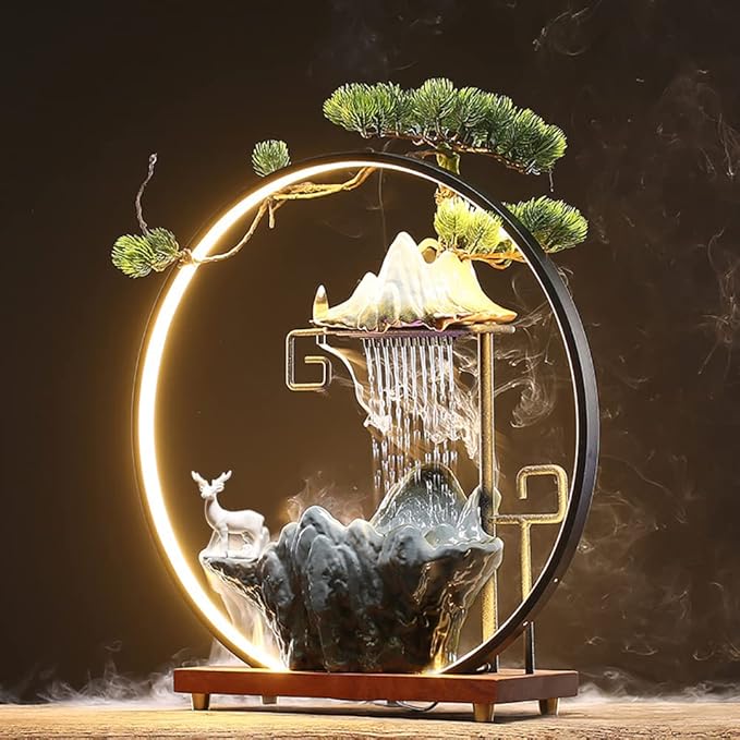 17In Water Fountains Indoor Tabletop Water Fall Humidifier with LED Light and Atomizer Mist, Zen Decor Meditation Japanese Decor Fake Plants Feng Shui Decor Festival Birthday Gift for Good Luck Wealth - Image 2