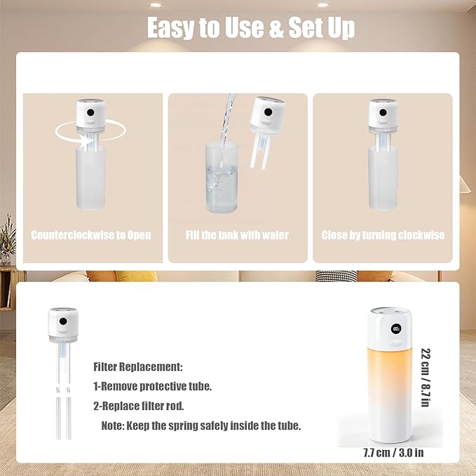 Mini Humidifier for Bedroom, 500ml, Dual Mist Rechargeable Travel Humidifier for Office, Car, Nursery, Auto Shut-Off, Dry-Burn Protection, Timer, Quiet with Night Light (Snow White) - Image 8