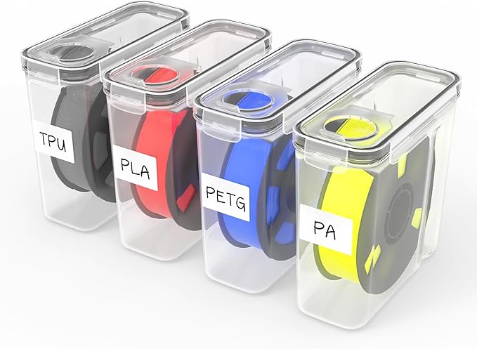 Filament Storage Box - 4 Pack 3D Printing Filament Container with Thick Silicone Seal, Dust-Proof Reusable Organizer with Writable Labels for 1.75mm PLA, ABS, PETG, TPU, PA (9.05"×8"×3") by nomiou