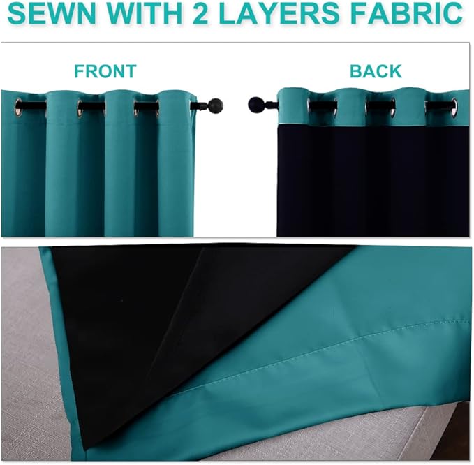 NICETOWN Peacock Teal 100% Blackout Lined Curtain, 2 Thick Layers Completely Blackout Window Treatment Thermal Insulated Drape for Kitchen/Bedroom (1 PC, 52 inches Width x 63 inches Length Each Panel) - Image 5