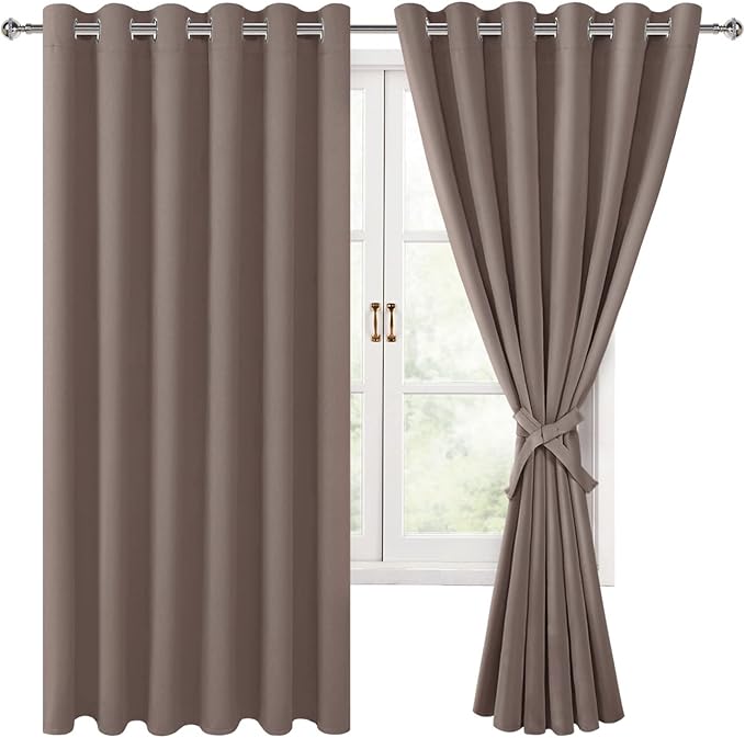Hiasan Grommet Blackout Curtains for Bedroom, 70 x 63 Inches - Thermal Insulated & Light Blocking Window Drapes for Living Room/Dorm Room, Set of 2 Panels Sewn with Tiebacks, Tan by Hiasan