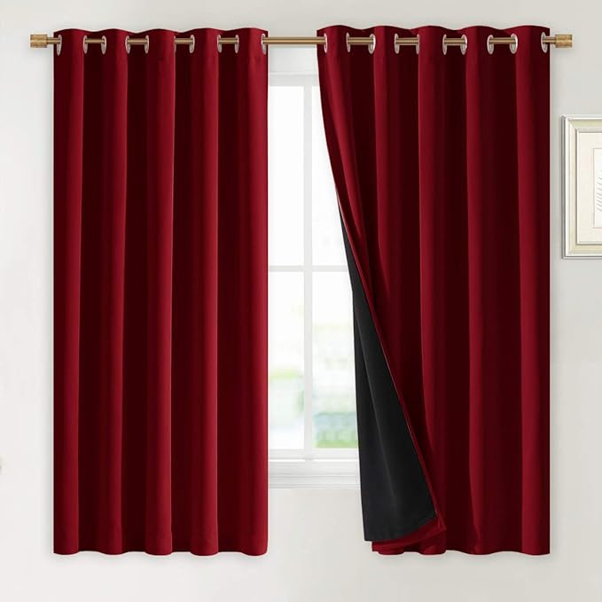 NICETOWN 100% Blackout Curtains with Black Liners, Burgundy Red, 2 Panels, 62-inch W by 63-inch L, Thermal Insulated Full Blackout 2-Layer Lined Drapes, Energy Efficiency Window Draperies for Bedroom by NICETOWN