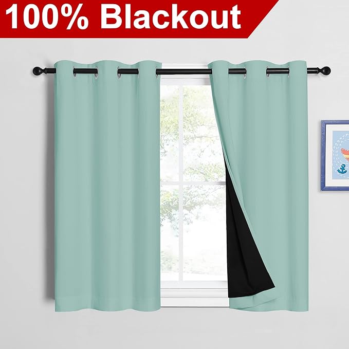 NICETOWN Aqua Blue 100% Blackout Curtains 45 inches Long, 2 Thick Layers Completely Blackout Window Treatment Thermal Insulated Lined Drapes for Small Window (1 Pair, 42 inches Width Each Panel) - Image 2