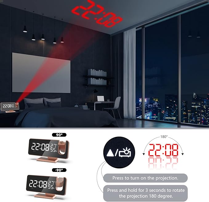 Projection Digital Alarm Clock for Bedrooms, Alarm Clock Radio on Ceiling, USB Charger Port, Temperature & Humidity Display, 7.3” Large Mirror LED Display,12/24H,Snooze,Dual Loud Clock- 4 Dimmer - Image 2