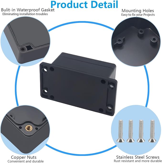 Outdoor Waterproof Junction Box IP67 Project Box ABS Black Electrical Boxes Electronic Enclsoure with Mounting Ear for DIY Project 3.9 x 2.7 x 2 inch (100x68x50mm) - Image 6