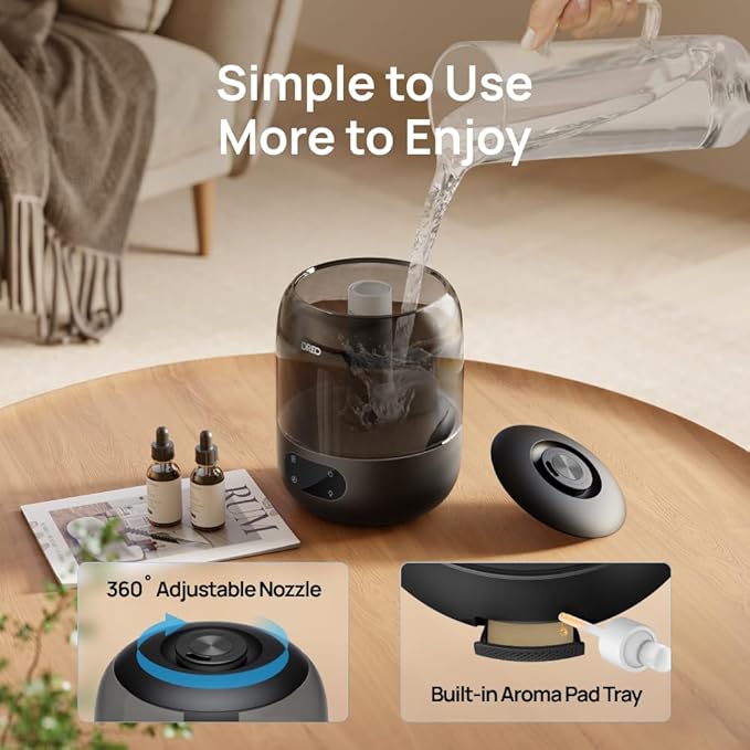 DREO Humidifiers for Bedroom, 3L Top Fill 30H & 26dB Quiet Runtime for Large Room, Cool Mist Ultrasonic Humidifier with Humidity Sensor, Night Light for Home, Baby, Nursery, Plants, 360° Nozzle, Black - Image 7