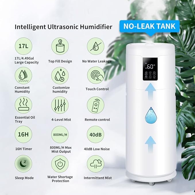 Humidifiers for Large Room Home Bedroom 2000 sq.ft. 17L/4.5Gal Large Humidifier with Extension Tube & 4 Speed Mist,Top Fill Wholehouse Humidifier with 360°Nozzle for Plant Office Commercial Greenhouse - Image 8