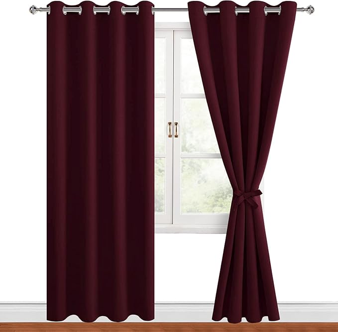 Hiasan Blackout Curtains for Bedroom, 52 x 96 Inches Long - Thermal Insulated & Light Blocking Window Curtains for Living Room Christmas Decor, 2 Drape Panels Sewn with Tiebacks, Burgundy - Image 2