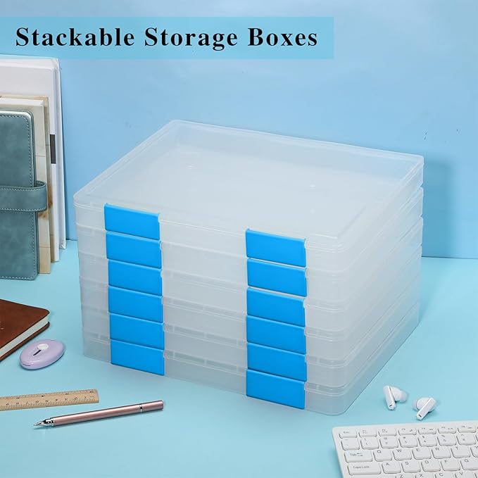 PerKoop 6 Pcs Clear Paper Storage Box A4 Plastic File Box Document Paper Organizer Storage Board Game Project Cases Containers with Buckle for Craft, Magazine(12.4 x 9.84 x 1.18 Inches,Blue) - Image 6