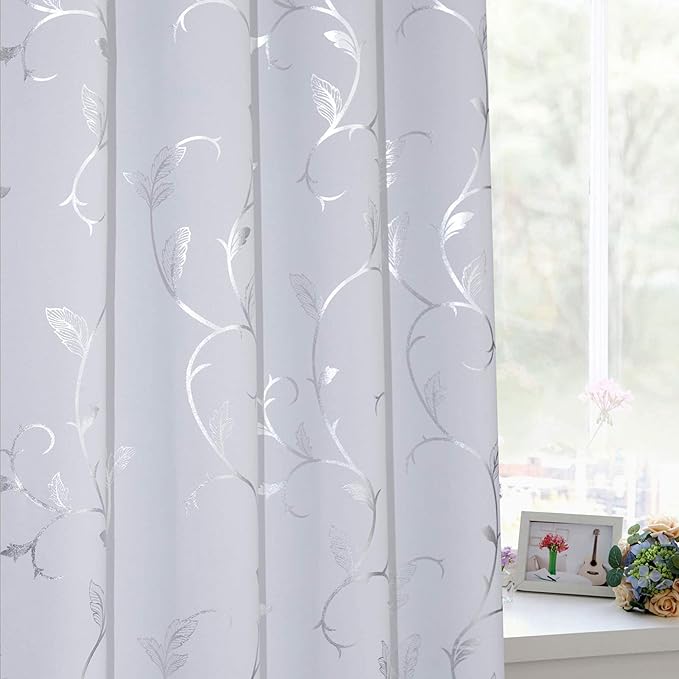 BUHUA Girls Room Darkening Curtains Thermal Insulated Blackout Curtains with Elegant Vine Pattern for Baby Room 52W×72L Greyish White Set of 2 - Image 4