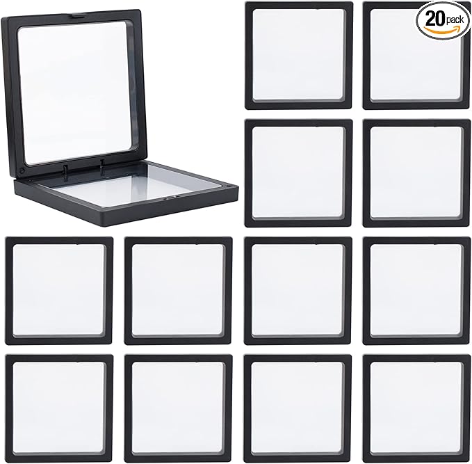 Framendino, 20 Pack Black 3D Floating Frame Display Case Challenge Coin 4.3x4.3x0.8 Holder Stands Jewelry Storage Box for AA Medallion Shells Gems by Unknown