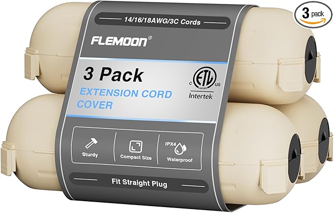 Flemoon [3 Pack] Outdoor Extension Cord Cover Waterproof, Weatherproof Electrical Connection Box for Straight Plug, Outlet, Socket, Halloween, Christmas Holiday Decoration String Light, Almond by FLEMOON