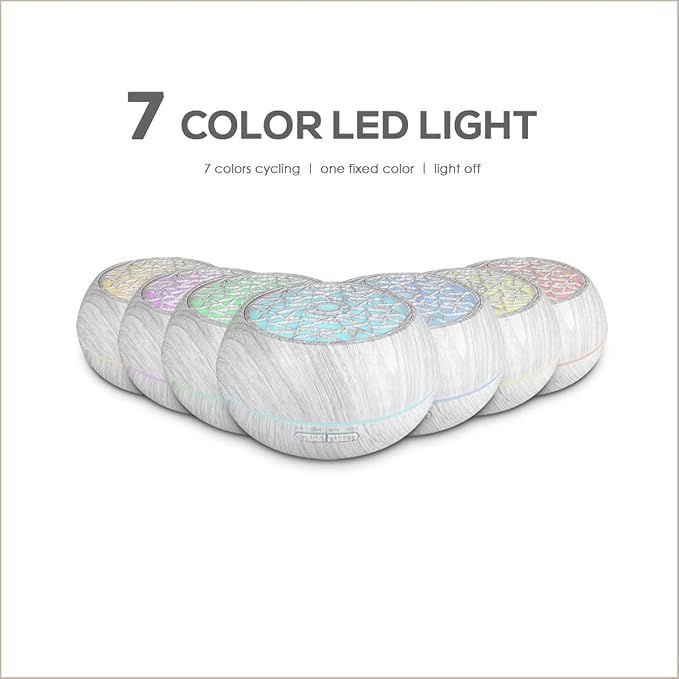 550ml Large Capacity Essential Oil Diffuser 6 Essentil Oil Set Aromatherapy Ultrasonic Air Humidifier with Timer and 7 Color LED Night Light Remote Control Waterless Auto-Off White Wood Grain - Image 6