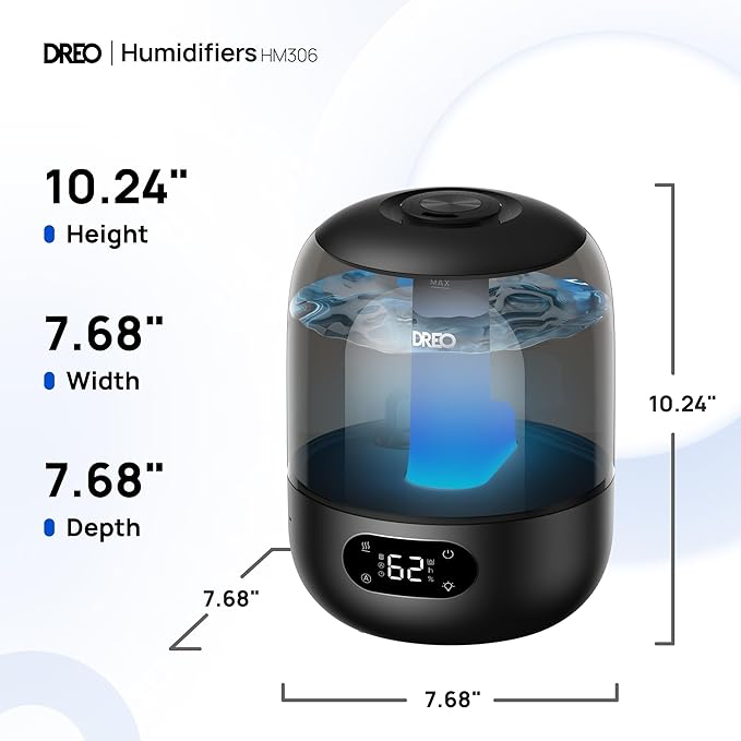 DREO Humidifiers for Bedroom, 3L Top Fill 30H & 26dB Quiet Runtime for Large Room, Cool Mist Ultrasonic Humidifier with Humidity Sensor, Night Light for Home, Baby, Nursery, Plants, 360° Nozzle, Black - Image 8