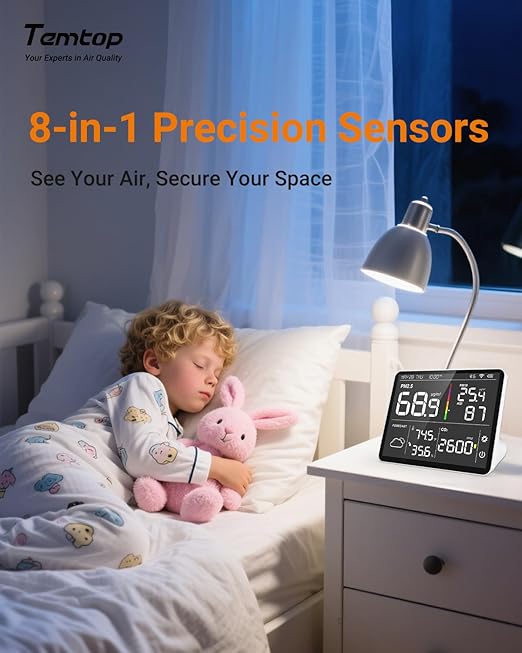 Temtop Air Quality Monitor Indoor PM2.5 CO2 Detector, 8-in-1 Smart Air Quality Weather Station with PM2.5 PM10 CO2 Temperature Humidity Sensor Weather Forecast for Home - Image 5