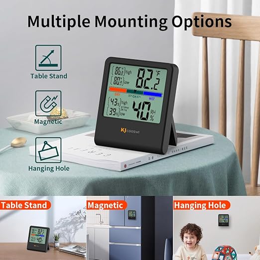 Digital Thermometer Hygrometer, Indoor Wall Thermometer Humidity Indoor with High Accuracy, Suitable for Greenhouse, Home and Office, AAA Battery (Black) - Image 4