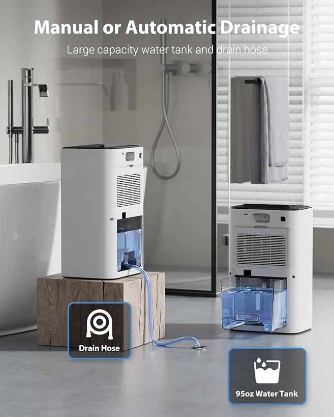 95oz Dehumidifiers for Home, 1000 Sq.Ft Dehumidifier with Drain Hose - Auto Shut Off, Timer, Sleep Mode & Drain Hose - 7 Color Light for Bedroom, Bathroom, RV - White - Image 7