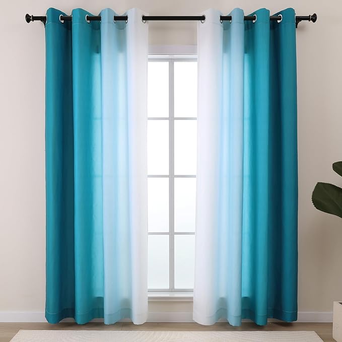 L.Z.E Teal and White Ombre Privacy Curtains 84 Inches Long 2 Panels Set Teal Green Light Filtering Non-See-Through Curtains & Drapes for Living Room Nursery Elegrant Window Treatment Grommet Top by LZE