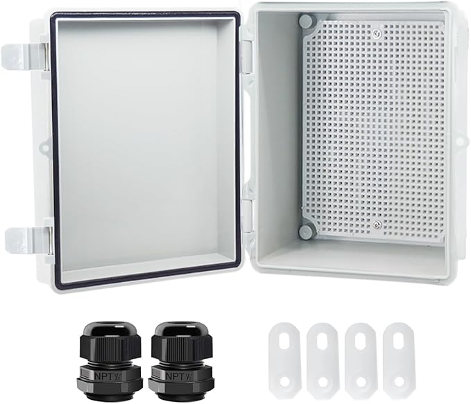 Junction Box, Hinged Cover IP67 Waterproof ABS Project Box with 2 NPT 1/2" Cable Gland, Electrical Box Enclosure with Mounting Plate & Wall Bracket 8.7 x 6.7 x 4.3inch(220x170x110mm) by Otdorpatio
