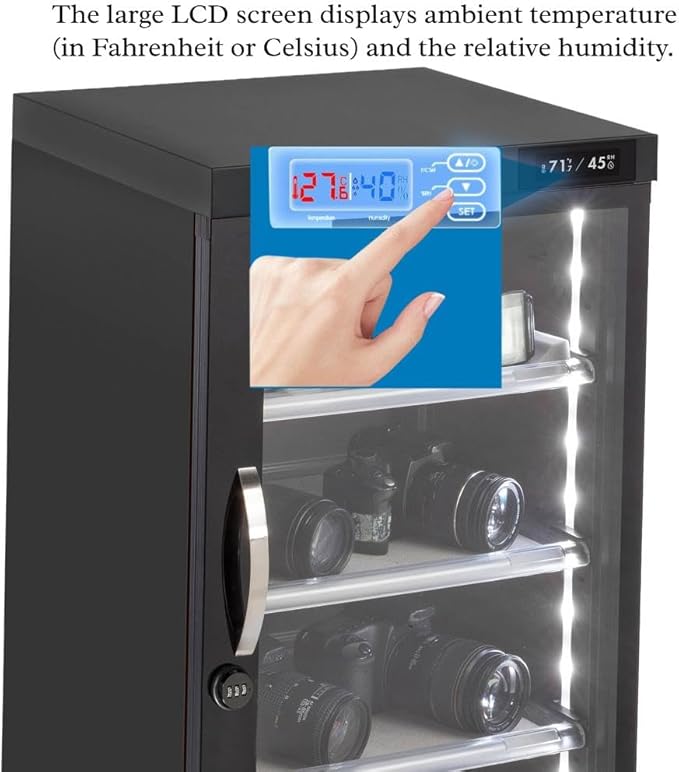 125LT Electronic Dry Cabinet for Camera, Lens & Electronics – Silent Dehumidifying Storage, Touchscreen Humidity Control (60‑35% RH), 4 Adjustable Shelves, LED Light, Lock, Energy Saving - Image 6