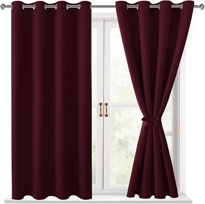 Hiasan Blackout Curtains for Bedroom, 52 x 54 Inches Long - Thermal Insulated & Light Blocking Window Curtains for Living Room Christmas Decor, 2 Drape Panels Sewn with Tiebacks, Burgundy - Image 2
