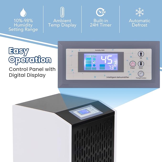 COSTWAY 250 Pints Commercial Dehumidifier with Drain Hose, Industrial Heavy Duty Dehumidifier, 24H Timer & 4 Wheels for Basement, Warehouse, Water Damage Restoration, Large Spaces up to 8,500 Sq.Ft - Image 3