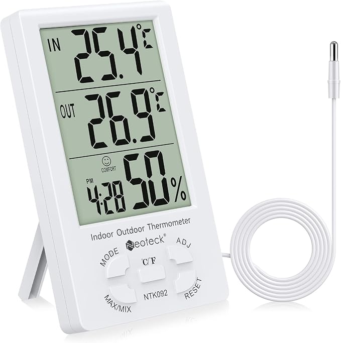 Neoteck 3 in 1 Thermometer Hygrometer with Clock Large LCD Display, Digital Humidity Temperature Meter 1.5m Sensor Wire for Indoor Outdoor Use by Neoteck