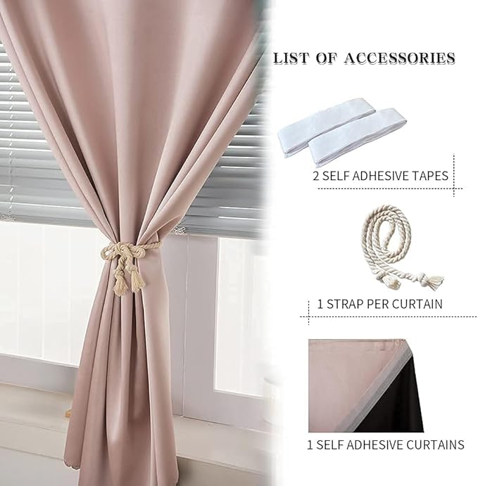 Autohesion Curtains for Windows,Bedroom Blackout Curtains for - Thermal Lnsulated No Drill Curtains Room Darkening Black Small Drapes, JILRON,(1 Panels,47Wx63L inch-Tender Pink) - Image 6