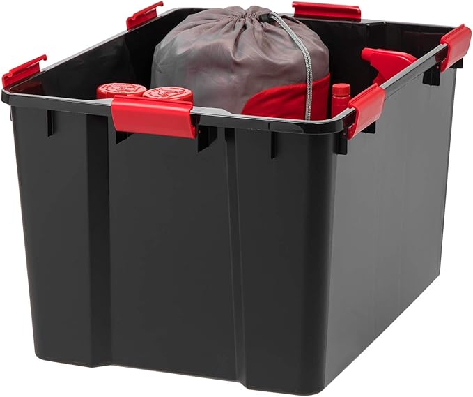 IRIS USA WeatherPro 74 Qt Storage Bins with Lids, 3 Pack, BPA-Free Plastic Gasket Box with Tight Latch and Seal, Stackable Nestable Tote Tub - Black/Red - Image 9