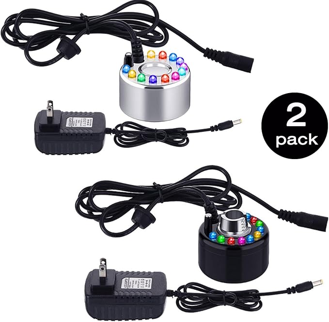 Yaomiao 2 Piece Halloween Mist Maker Fogger Small Ultrasonic Fog Machine Fountain Mister Fogger Water Garden Pond Foggers Air Humidifier with 12 LED Light Flashes for Halloween (Black and Silver) - Image 2