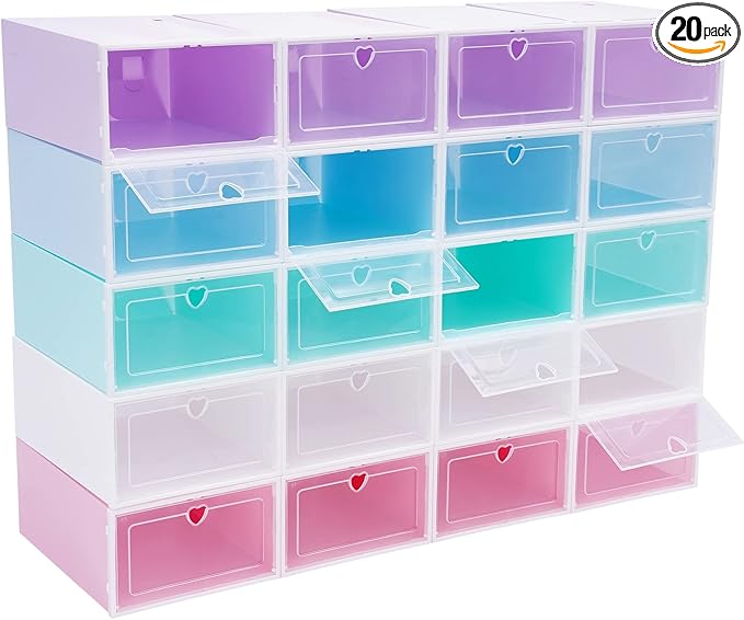 20 Pack Shoe Storage Box, Stackable Clear Plastic Shoes Organizer for Closet, Space Saving Foldable Shoe Rack Sneaker Container Bin Holder with Lids (Colorful) by XUANIIIL
