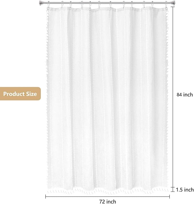 72 x 84 inch Extra Long Boho Farmhouse Shower Curtain with Tassels, White Linen Textured Soft Fabric Shower Curtain Heavyweight, Elegant French Country Striped Bathroom Curtain Water Repellent - Image 7