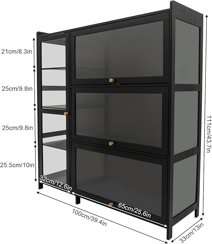 Display Cabinet with Acrylic Doors, 7 Storage Spaces Storage Cabinet & Curio Cabinet with Clear Acrylic Doors, Modern Black Bamboo & Composite Wood for Collectibles, Kitchen, Living Room - Image 2