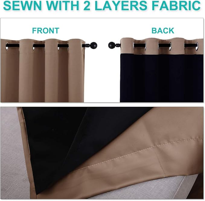 NICETOWN Bedroom Full Blackout Curtain Panel, Super Thick Insulated Window Cover, 100% Blackout Blind with Black Liner for Small Window(Cappuccino, 1 PC, 52 by 45-inch) - Image 4