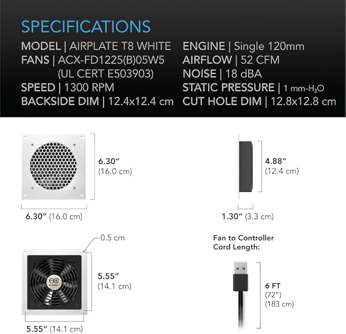 AC Infinity AIRPLATE T8 White, Quiet Cooling Dual-Fan System 6" with Thermostat Control, for Home Theater AV Cabinets - Image 6