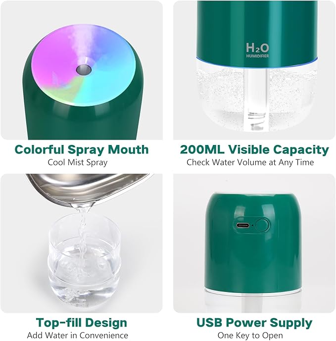 Mini Humidifiers for Bedroom, 200ml Cool Mist Humidifiers for Home Nursery Indoor Plants, Room Humidifier for Bedroom Quiet Easy Clean Auto Shut-off Top Fill Humidifier for Car Office Desktop, Green - Image 5