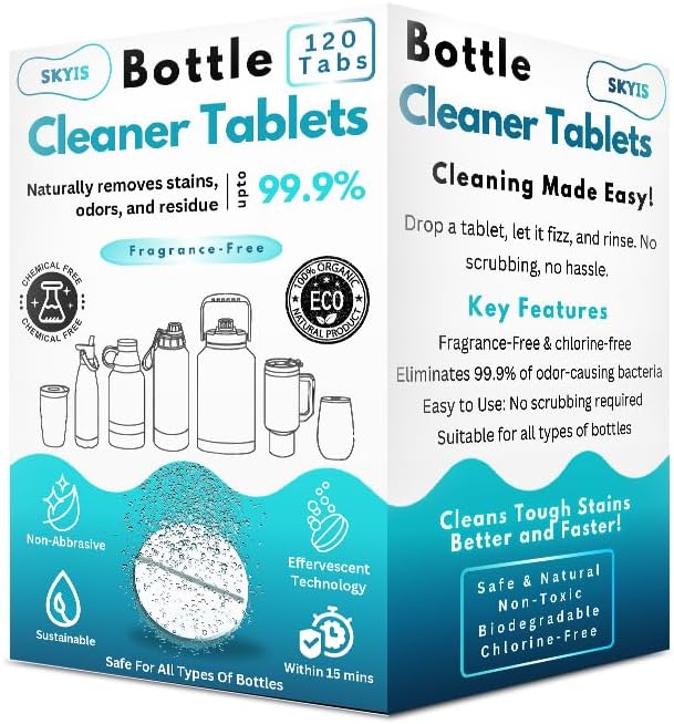 120 Pcs Water Bottle Cleaning Tablets, Bottle Cleaning Tablets for Stainless Steel Water Bottles & Tumblers, Bottle Cleaner tablets are ideal cleaner for all Water Bottles, Removes Odor & Stains - Image 8