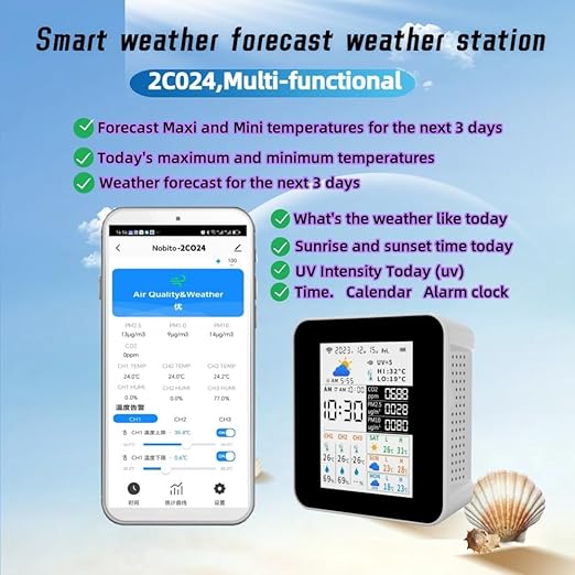 WiFi Air Quality Monitor CO2(NDIR PM2.5 PM10, Weather Station with 3-Day Forecast,Wireless Indoor Outdoor Thermometer Alarm with 3 Sensors, Water Thermometer, Aquarium, Refrigerator. Phone APP 2CO24 - Image 5
