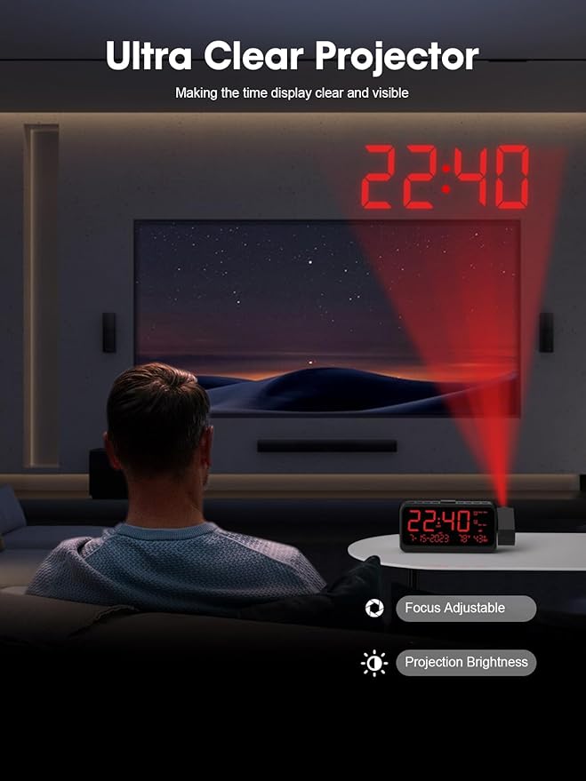 ROCAM Projection Clock for Bedroom, Digital Clock with 180° Projector on Ceiling with 5-Level Dimmer, Dual Loud Alarm Clock with Weekend/Weekday Mode, Date, Temp, Humidity, Night Light, Snooze - Image 3