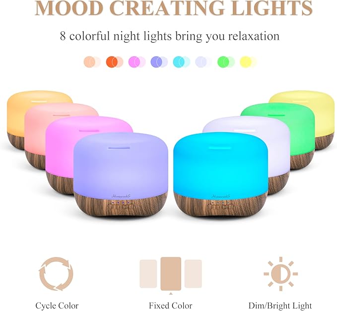 Aromatherapy Essential Oil Diffuser for Room: 500ml Colorful Aroma Air Humidifier with Adjustable Cool Mist Mode, Waterless Auto Off Ultrasonic Diffusers for Large Room Home Office(Brown) - Image 4