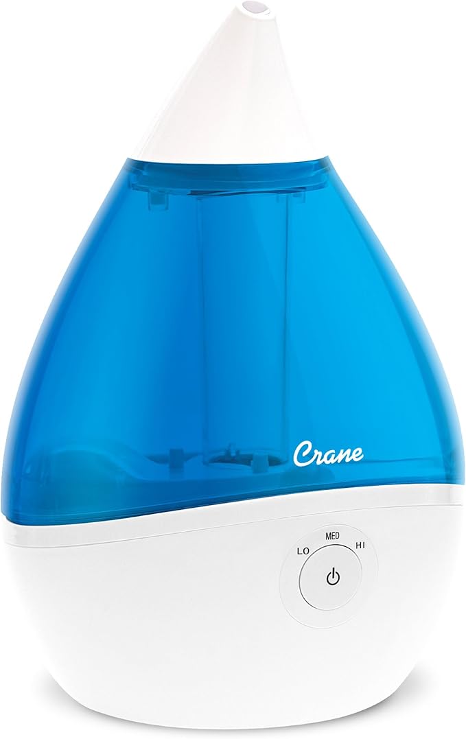 Crane Droplet Ultrasonic Teardrop Cool Mist Air Humidifier, 0.5 Gallon for Bedroom and Office, Blue and White, Nursery Humidifier by Crane