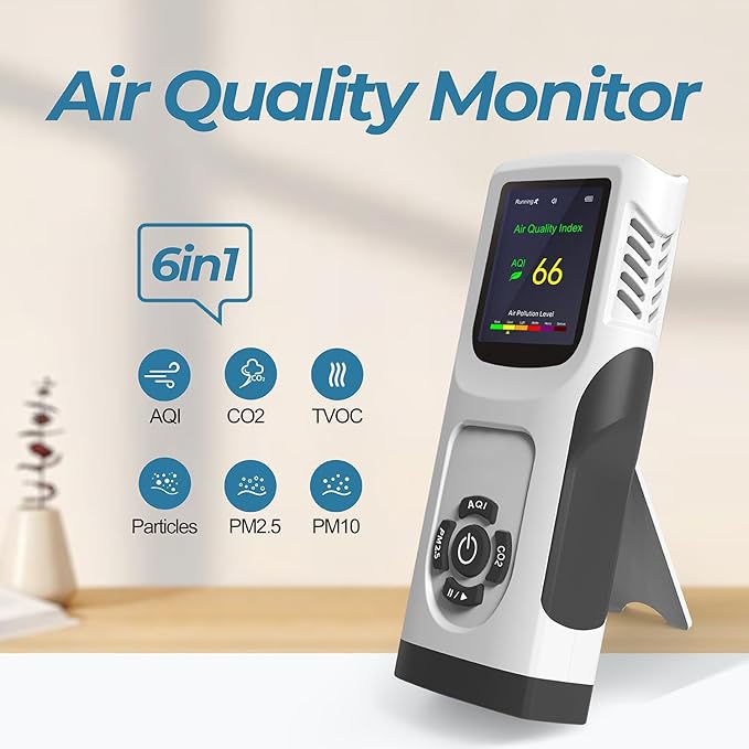 6-in-1 Air Quality Monitor Indoor CO2 Monitor, 3000mAh AQI TVOC Air Quality Tester for Home PM2.5 PM10 Particle Counter Air Quality Monitor with Graph, Portable Outdoor LED Screen - Image 2